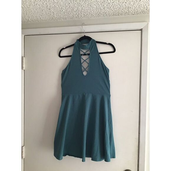 NWOT~Express Teal Green Halter Skater Style Mini Dress Sz Medium - Picture 1 of 2